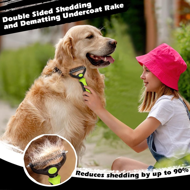 Augwind 3PCS Self Cleaning Slicker Brush & Pet Grooming Rake & Flea Comb for Dogs,Cats and Horses | Double-Sided Dematting Comb & Skin Friendly Deshedding Grooming Tool (J-Green Black) - Image 3